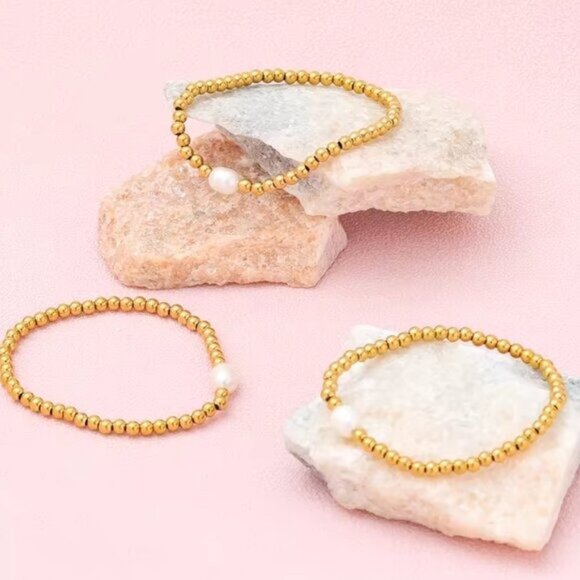 Gold Stretch Bracelet Gold Beads with Pearl Bracelet WATERPROOF non-tarnish gold - Picture 5 of 11